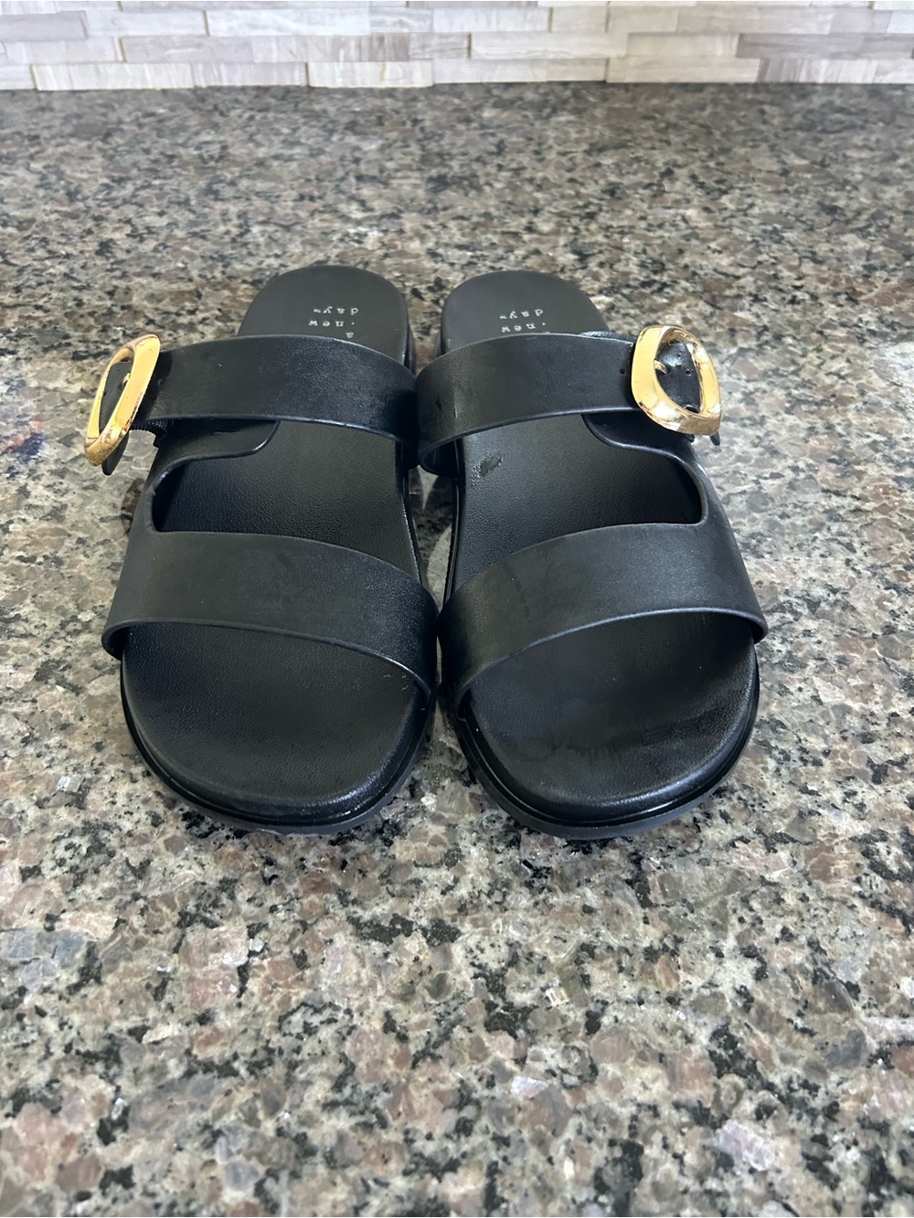 a new day Black Double-Strap Slide Sandals with Gold Buckle
